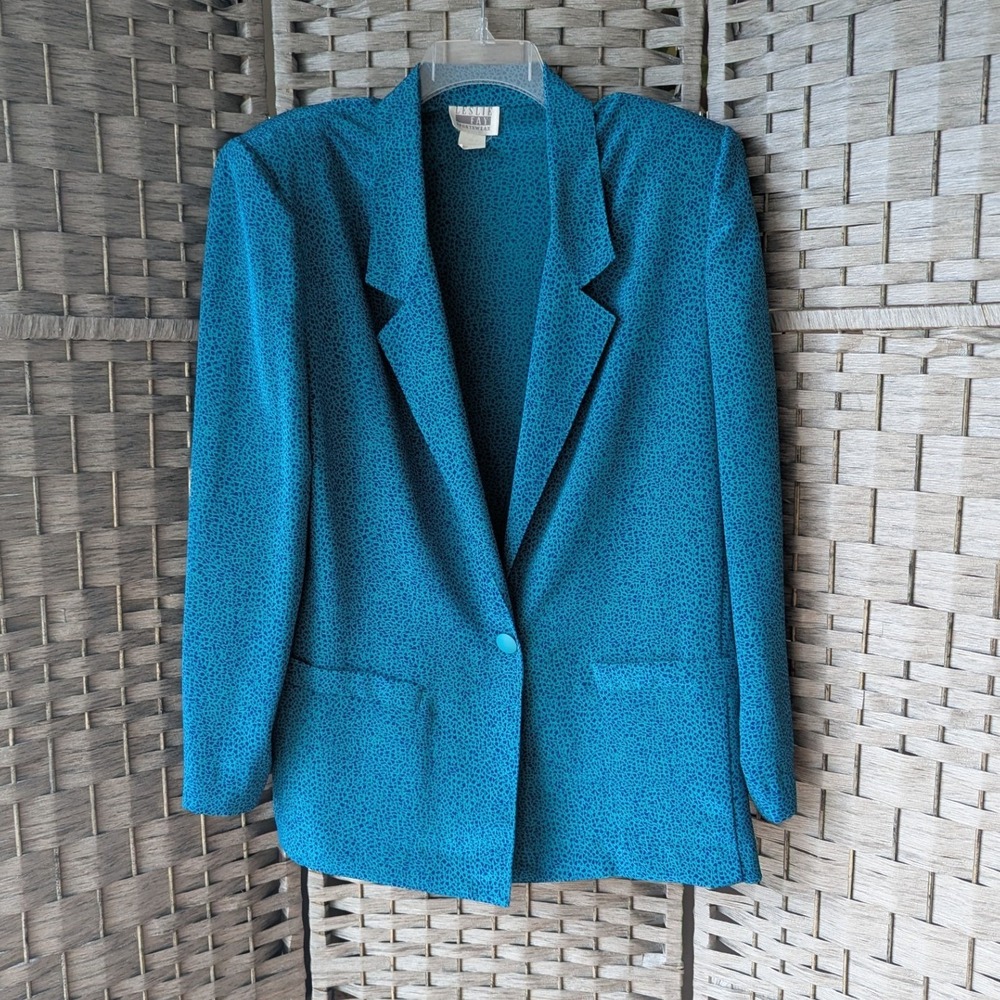 Vtg 90s Leslie Fay Blazer Teal Blue Abstract Pattern Sz 12 Colorful Career